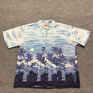 Vintage RJC Mens Button Up Shirt 3XL Blue Hawaiian Tiki Surf Aloha Short Sleeve